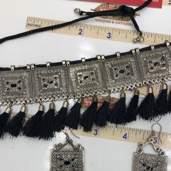 Silver Kuchi Afghan Jewelry Set With Dangling Tassels, Tribal Set - Picture 3 of 4